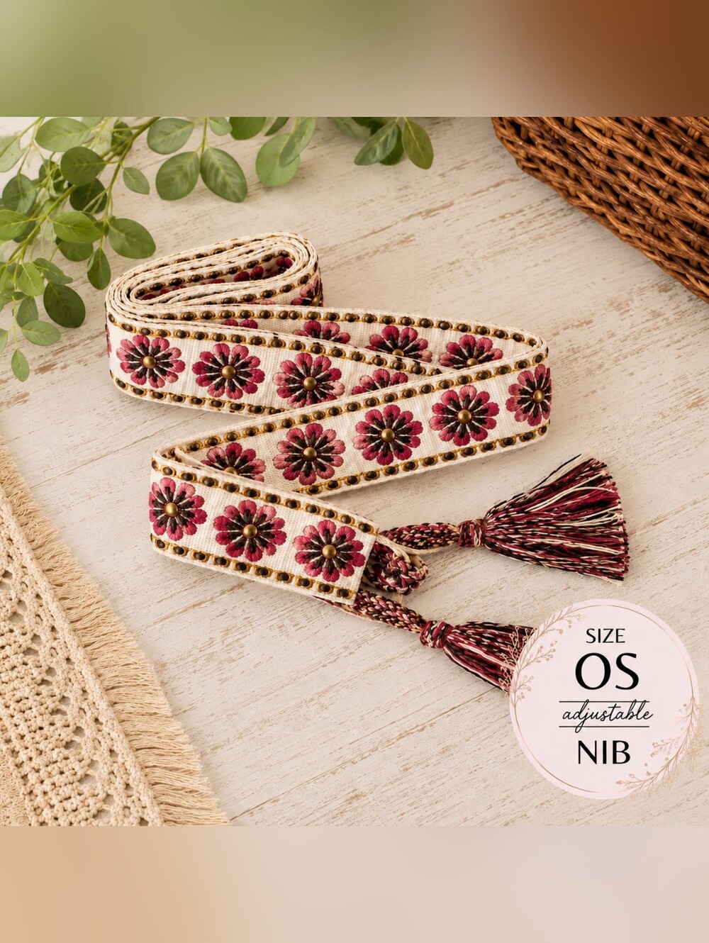 POL Floral Embroidered Tie Belt Boho Tassel OS NIB